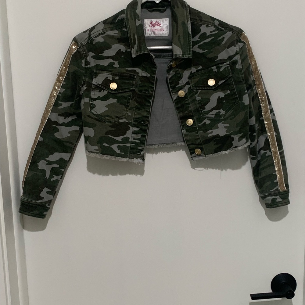 Justice Green Camo Jean Jacket with Gold Details
